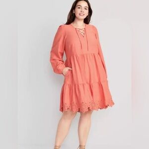 Coral Old Navy Tiered Summer Dress Eyelet Hem Laceup Size Lg
